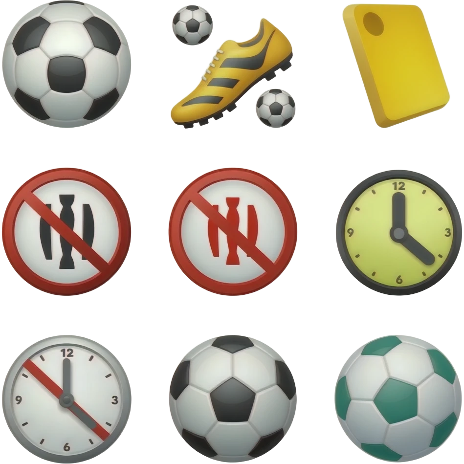 kicking football boot comic style along with separate emojis all comic or emoji style for goal yellow card VAR foul halftime full-time free kick pass emoji
