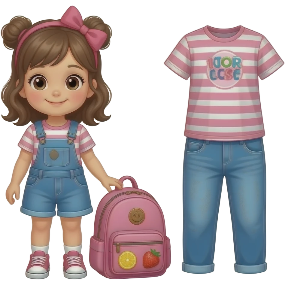 pink backpack with fruits beside and on the other side tomorrows outfit (toddler girl) emoji