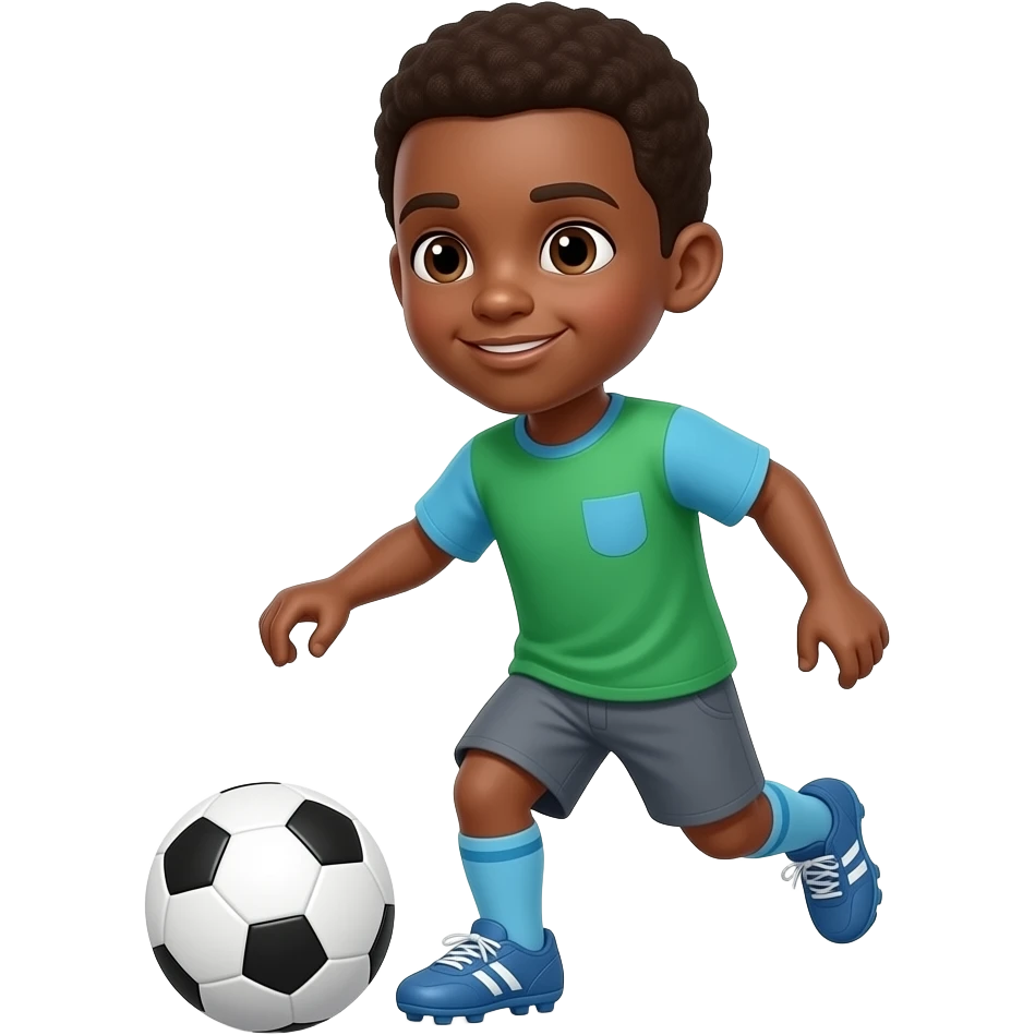 niño tes morena jugando al soccer con camiseta verde celeste y gris con zapatillas de futbol emoji