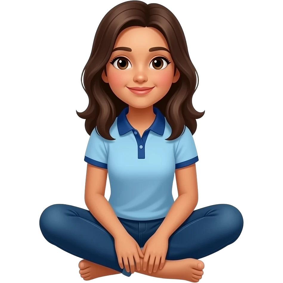 Hispanic girl with brown hair and light blue and dark blue polo and dark blue jeans showing her feet sitting down emoji