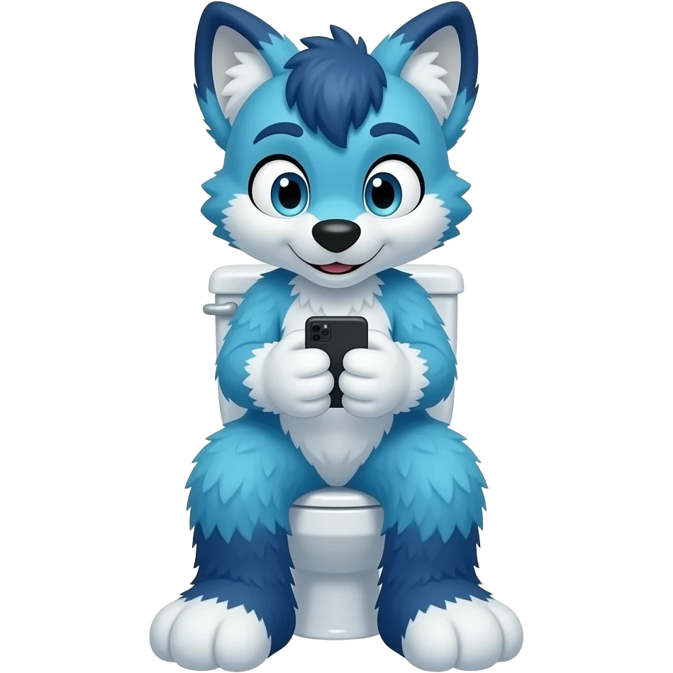 blue fursuit sitting on toilet, front view, legs together, looking down at phone emoji