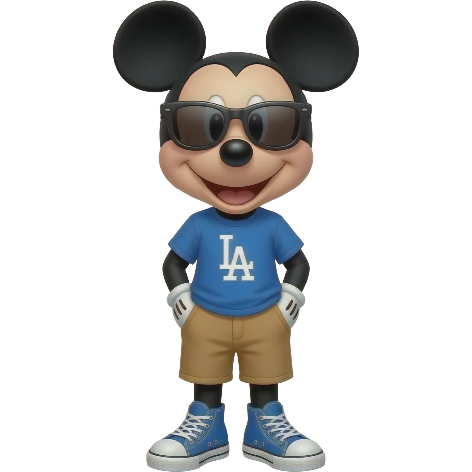 Mickey Mouse wearing blue L.A. Logo T-shirt, tan shorts and blue Converse All-Star shoes, Cool dark sunglasses, smiling happily. Hands in pockets. Beautiful Southern California weather, daytime, as background.
 emoji