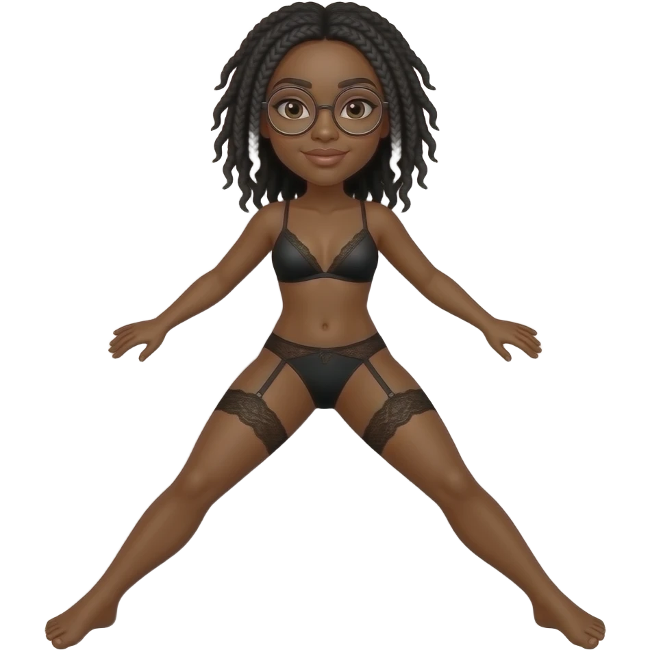 Black woman with black locs (with some gray) and glasses laying down with legs open in panties emoji