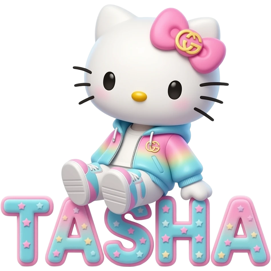 4D Velvety fur hello kitty wearing ombre white and blue and pink ombre pastel colored jacket and sneakers, and with the Gucci symbol on her ombre pastel bow sitting sideways leaning back on top of the velvety 3D outlined letters TASHA surrounded with tiny ombre pastel stars made of candy emoji