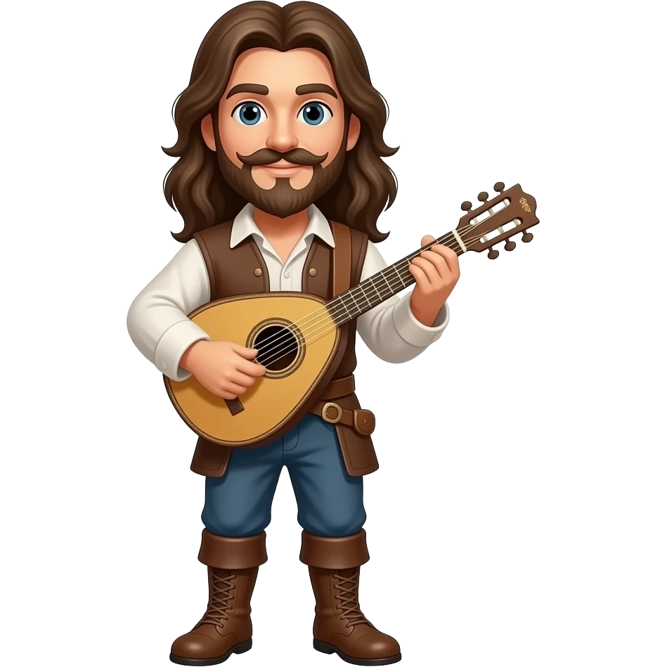 Beautiful Happy Bard with long hair, Handlebar mustache, pointed goatee and a lute full body dnd emoji