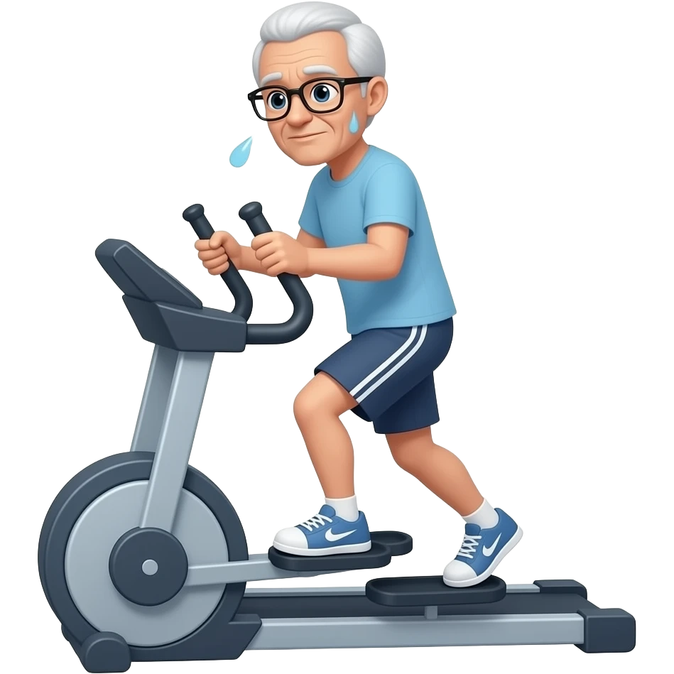 Äldre man med vitt mycket kort hår och rinfa glasögonhel sjö ståendes på crosstrainer som svettas väldogt myckey emoji