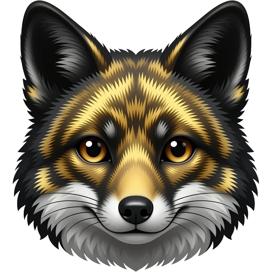 Realistic Fox head, black and gold fur, iridescent, shiny gold emoji
