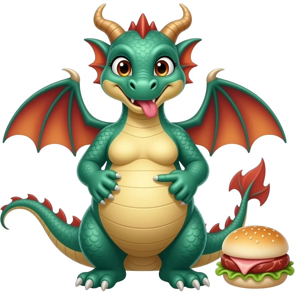 A female eastern dragon,enjoyed a meat buffet,now she pretends she has a twin baby bump,she sticks out her big full stomach,she is just perfect pointing cutely at her food baby,it is a guessing game with her bun in the oven,but she knows she is just fat,her bellybutton makes agreement with clues. emoji