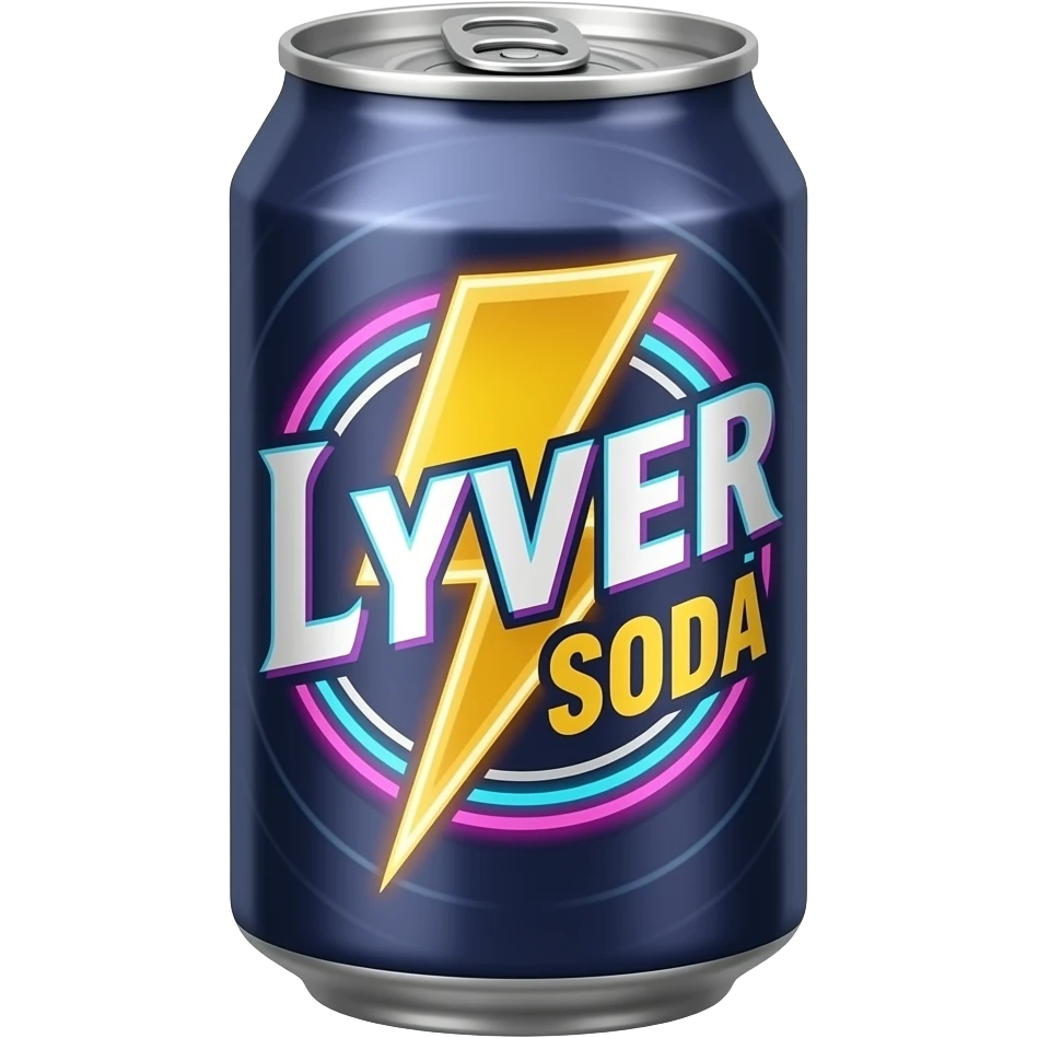 a soda can with the brand name Lyver Soda with neon colors and a lightning bolt with a western look emoji