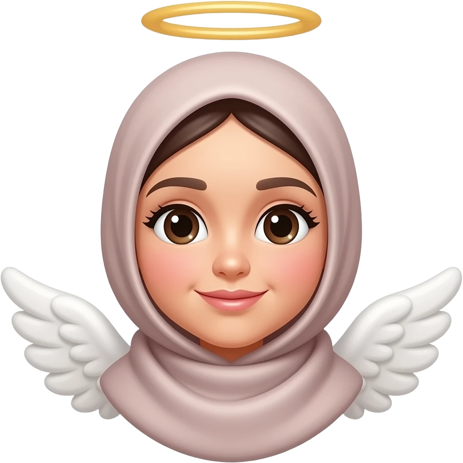 iOS-style emoji sticker of a cute angel face with, deep dimples,feminine character with soft features, wearing a hijab, minimal glossy 3D emoji style, gentle expression, subtle halo, centered composition, white or transparent background, clean simple design, face only, no body, no text. emoji
