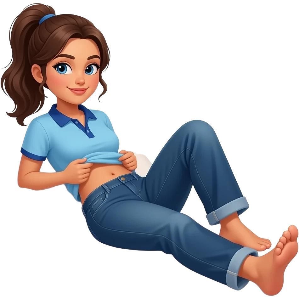 hispanic woman with brown ponytail and blue eyes light blue dark blue polo and dark blue baggy jeans and belly button lifting her shirt showing her feet laying in bed emoji