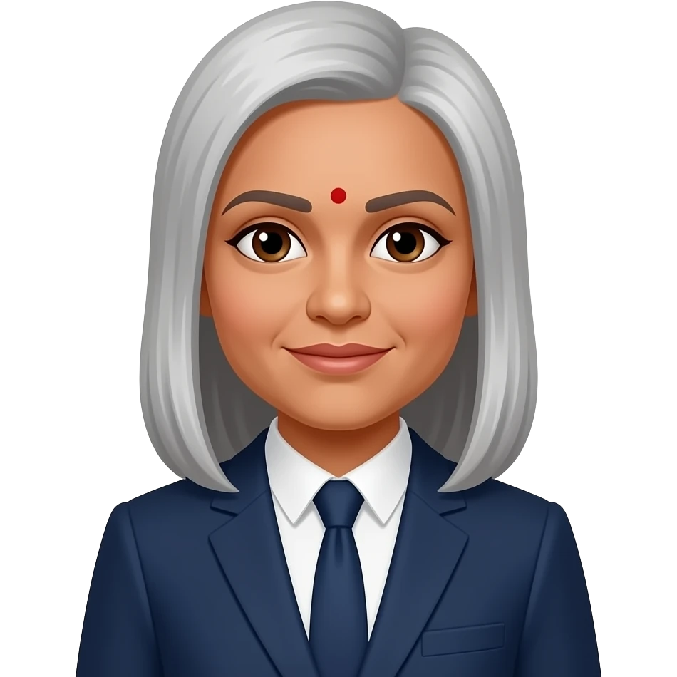 Indian female 60 years old with straight grey hair using suit no dot on forehead emoji