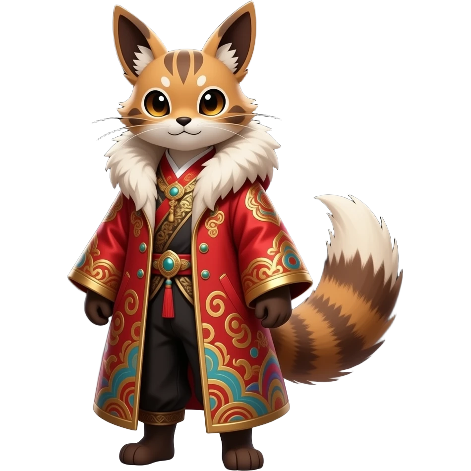 Dark gloomy red-golden-brownish-beige-gradients colorful painted marked patterned Asian glorious divine exotic cute cool beautiful shiny beautiful fantasy-caracal-civet-genet-sergal-vernid-Cacomistle-oncilla-animal-Eevee-Fakémon-hybrid-fursona (full body) emoji