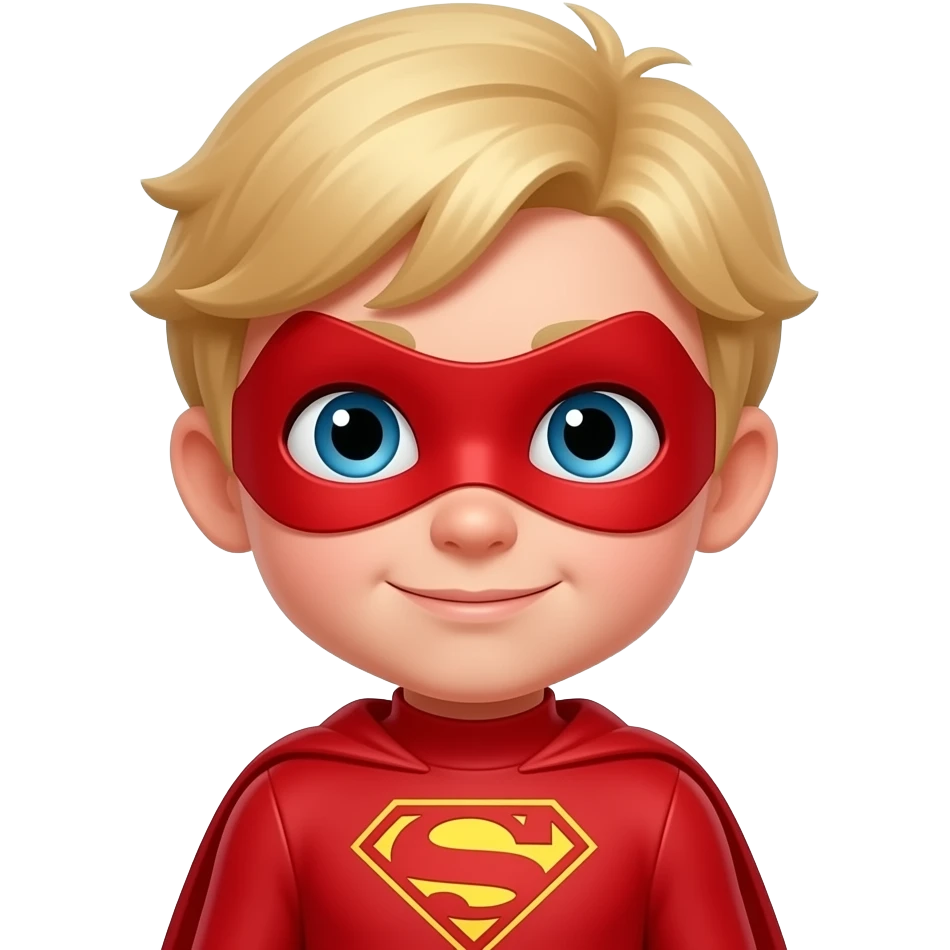 quiero que me hagas a un superheroe con el pelo rubio mascara roja i con un traje rojo que sea un niño emoji