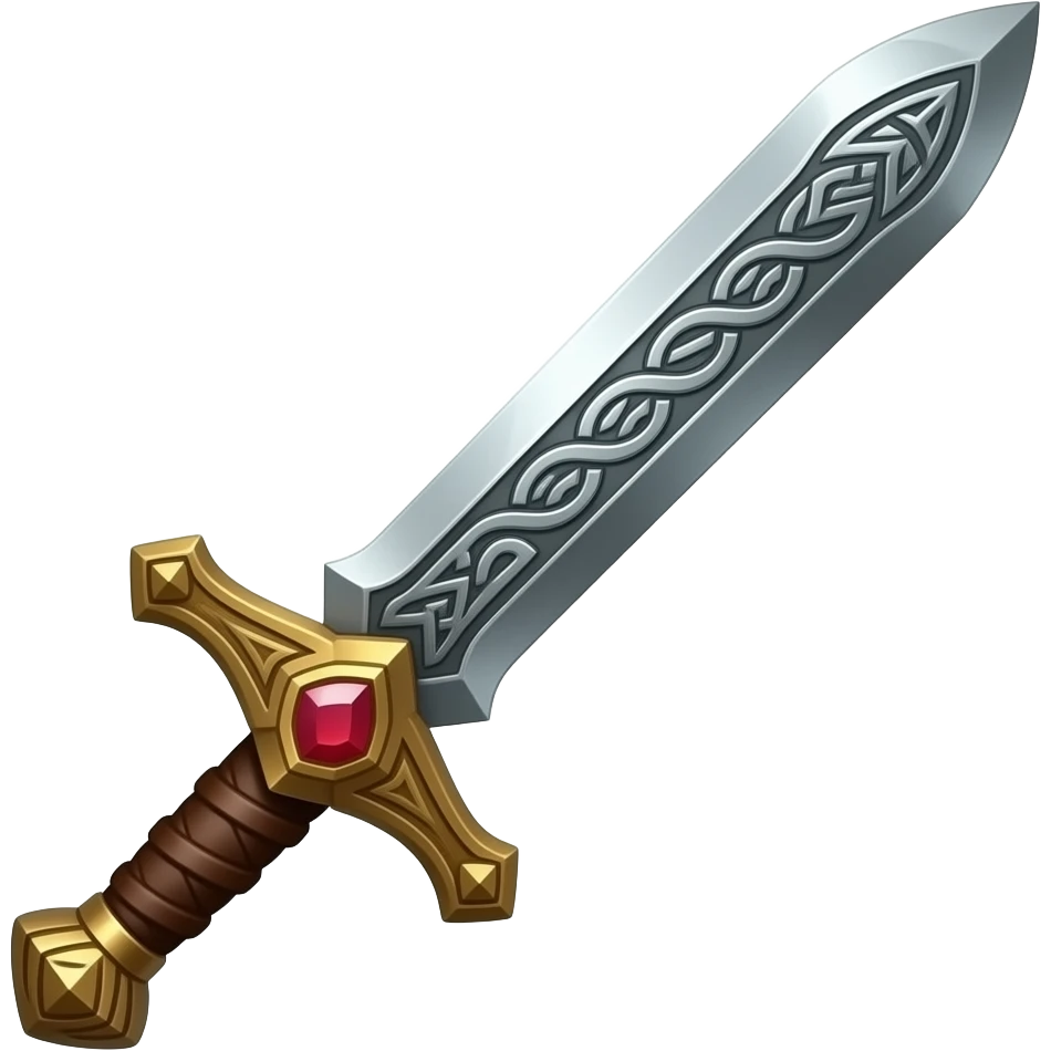 Realistic flaming sword, Knight style sword, celtic runes engraved in the blade, wooden handle wrapped in leather, ruby gem at the hilt emoji