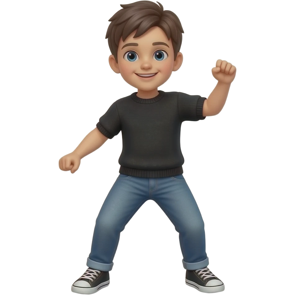 Niño con suéter negro manga corta y jeans bailando emoji