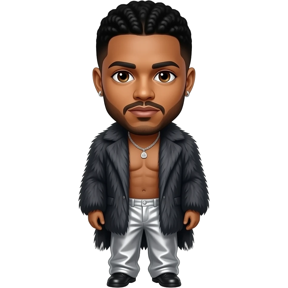The Weeknd with dark brown eyes, black hair, dark grey fur shawl, silver metallic baggy pants, shirtless with necklace and earrings emoji