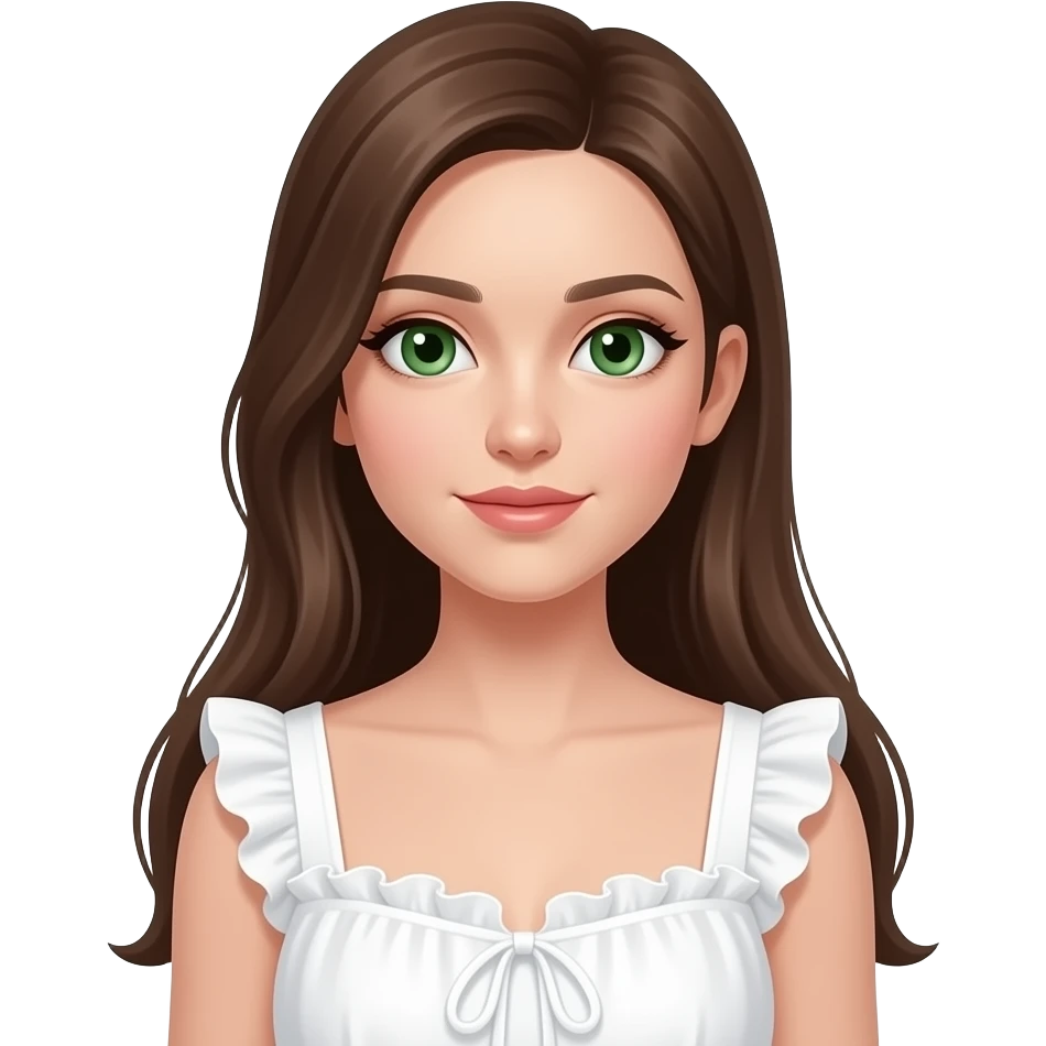 girl wearing some dress white with ruffles long straight brown hair and green eyes that are proportionate emoji
