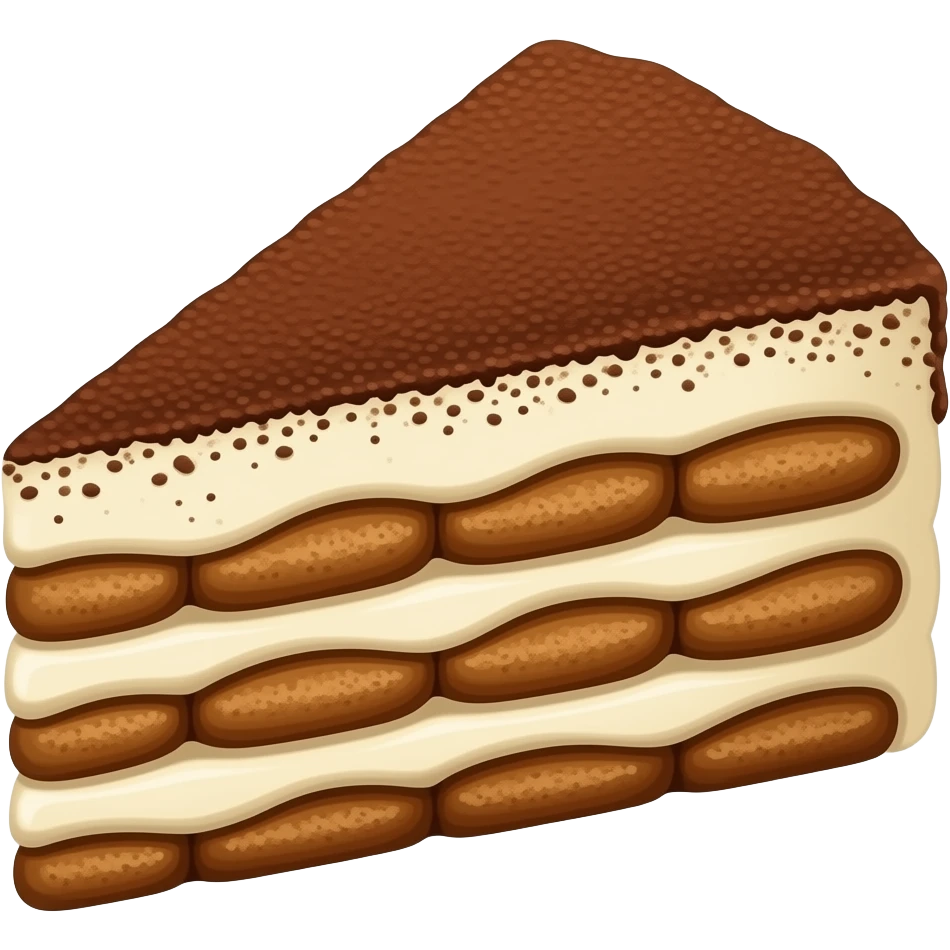A triangular piece of tiramisu with alternating layers of coffee-soaked ladyfingers and creamy filling, topped with cocoa powder dusting, soft 3D lighting, isometric vector art, simple composition, studio lighting, no text, no plate, no utensils, no shadows on edges emoji