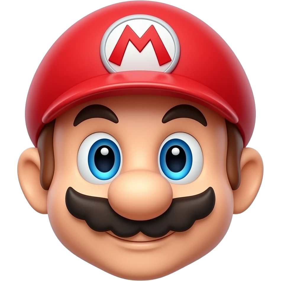 same exact cute 3D plumber emoji character, tilted head right, glossy red cap, blue eyes, cartoon mustache, pixar style, smooth 3D emoji render, only camera angle changes, same character identity, same proportions, same colors emoji