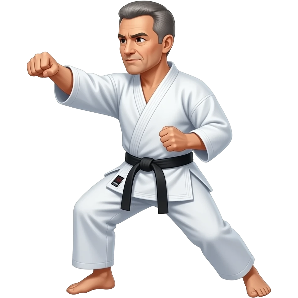 Middle-aged, white man wearing karate uniform , shaved short hair with a black belt doing a punch emoji