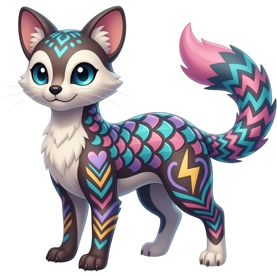 Colorful scaly spunky elegant thin Realistic tall slim unique fantasy original shiny smooth soft flurry edgy cool Civet-Absol-Sprigatito-Vaporeon-Fakémon-hybrid with tribal chevron heart floral lightning bolt strikes damask paisley markings emoji