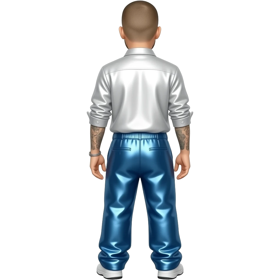 Eminem from behind with buzz cut hair, white metallic shirt, azure metallic faux baggy pants emoji