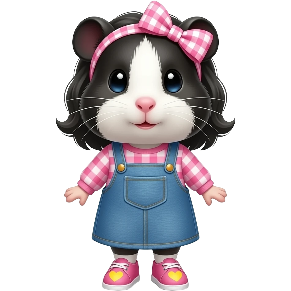 black and white guinea pig with pink long sleeve gingham shirt, jean dress, pink shoes with yellow hearts and a pink gingham bow in hair emoji