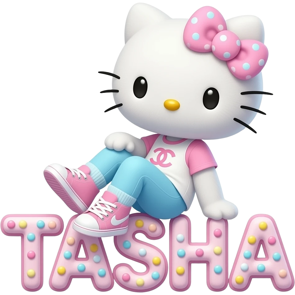 4D Velvety fur hello kitty wearing ombre white and blue and pink ombre pastel colored leggings and sneakers, and with the Chanel symbol on her ombre pastel bow sitting sideways leaning back on top of the velvety 3D outlined letters TASHA surrounded with tiny ombre pastel dots made of candy emoji