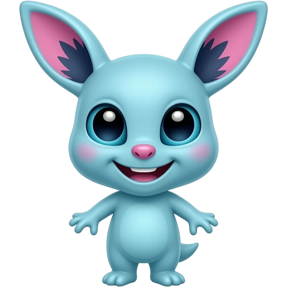 Un alienígena azul con grandes orejas rosadas, una nariz rosa y una sonrisa juguetona. Está de pie con garras pequeñas, con un pelaje azul claro y detalles oscuros en las orejas emoji