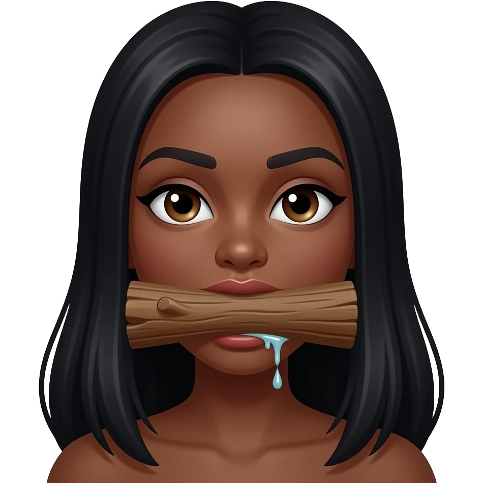 Pretty Black long hair black Female Heart eye emoji with wood log stuffed in mouth (turn wood log vertical ). And mouth watering. emoji