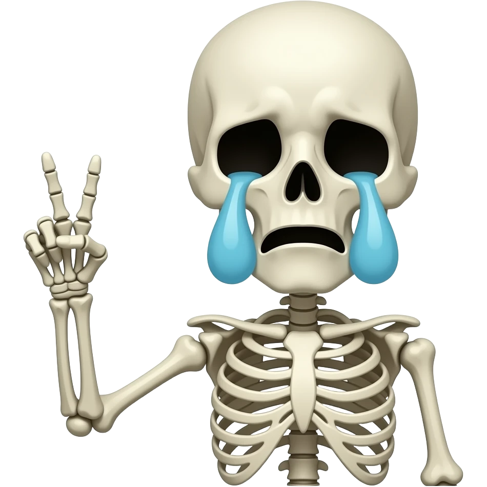 crying skeleton face no body holding peace sign with right hand emoji
