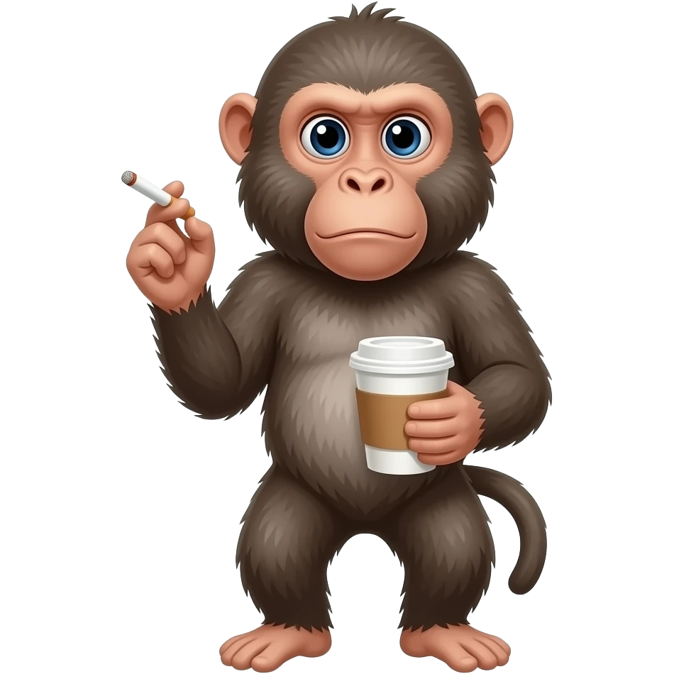 Funny picture of a baboon with a cigarette in 1 hand and a coffee in the other.. with 1 eyebrow raised emoji