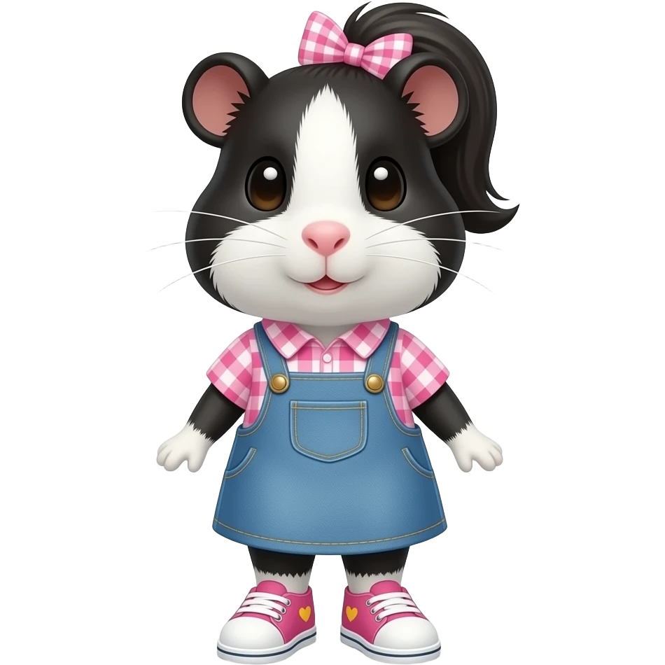 black and white guinea pig with pink gingham shirt, jean dress, pink shoes with yellow hearts and a pink gingham bow in ponytail emoji