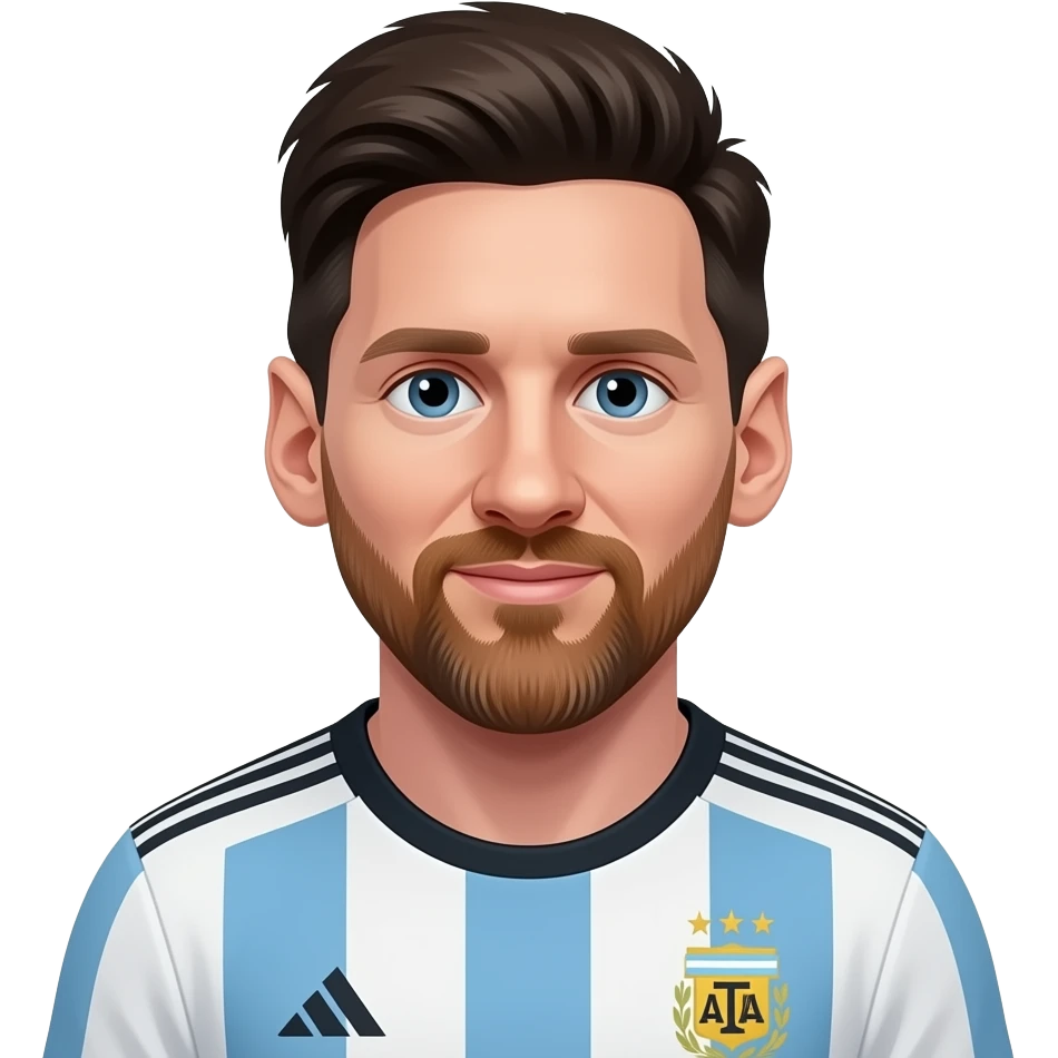 Messi emoji avatar, front-facing, Argentina jersey, cute cartoon style. With a dark straight hair and a beard emoji