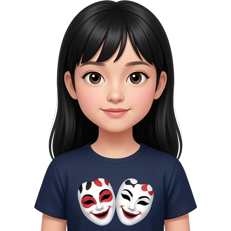 Ha i capelli neri e cinese si trucca pochissimo e si veste abbastanza elegante Ed e una femmina Ha 11 anni e la maglietta e con le maschere del teatro Ha il viso da 13 enne ha i capelli lunghi e non ha la frangetta emoji