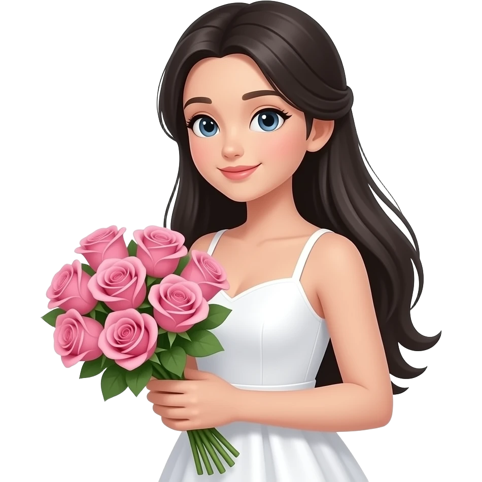 A beautiful girl with long black hair and a white dress is holding a bouquet of pink roses emoji