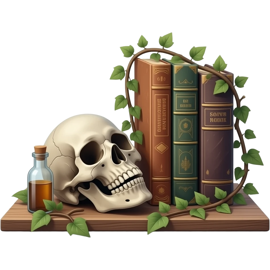 realistic cinematic - Joel Peter Witkin style - still life arranged on a wooden board, includes a corpse's head, tiny dusty bottles, old battered books, some wrapped ivy emoji