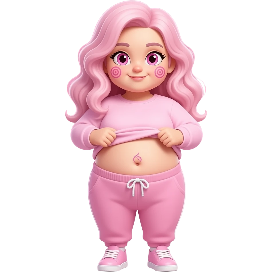 White obese girl pink eyes light pink swirly long hair pink swirl cheeks light pink plain long sleeve shirt light pink sweat pants light pink shoes lifting her shirt showing swirly belly button with pink background emoji