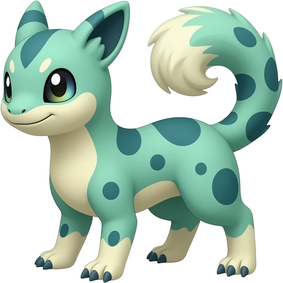 Japanese oriental asian painted Greenish beautiful handsome gorgeous aesthetic colorful vibrant Vernid-Trico-species-Fakemon-creature by LiLaiRa, 4 legs, 1 tail, random markings, (full body) emoji