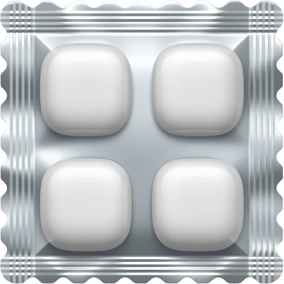 四粒白色的木糖醇口香糖 规则放置在铝箔包装内 emoji