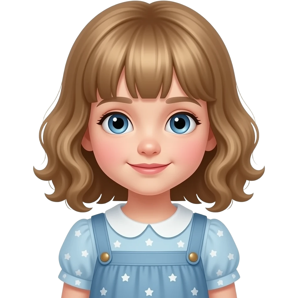 white kid blue eyes mid length with bangs soft curly hair to shoulders in color: middle to little darker blonde, in a dress, good night emoji