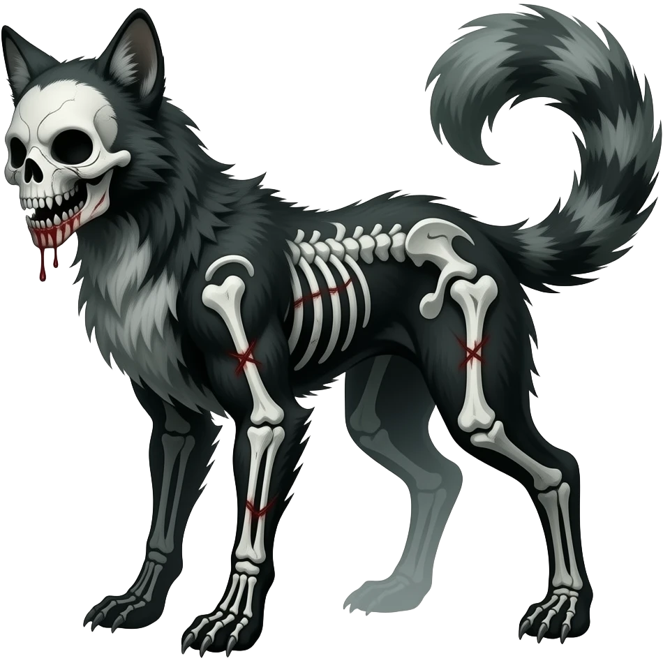 Bloody gory spectral spooky dark bleak blackish swampy white-skeletal gloomy ghostly dark greyish dark-deep-greenish foggy eldritch beautiful realistic edgy fantasy ghoul-like stitched vernid-sergal-fursona animal creature with a tufted tail full body with intricate markings emoji