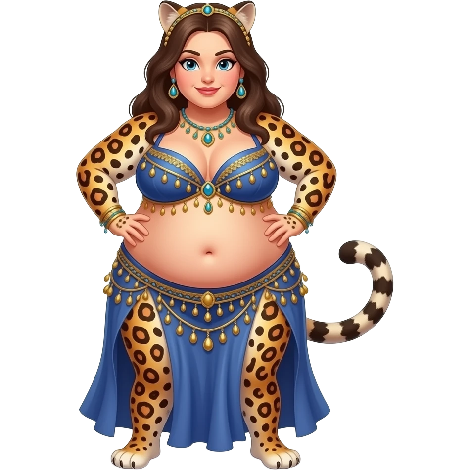 A female leopard belly dancer,with an morbid obese love handles & muffin top midriff,her bellybutton bulging from being stuffed to the max after a luncheon buffet,She dances then her bouncy belly wobbles a lot. emoji