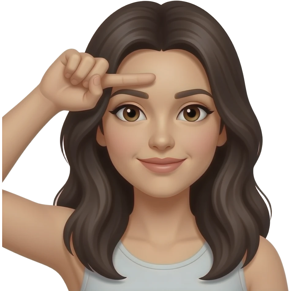 Woman with dark long hair brown eyes L fingers on forehead with thumb and index finger emoji