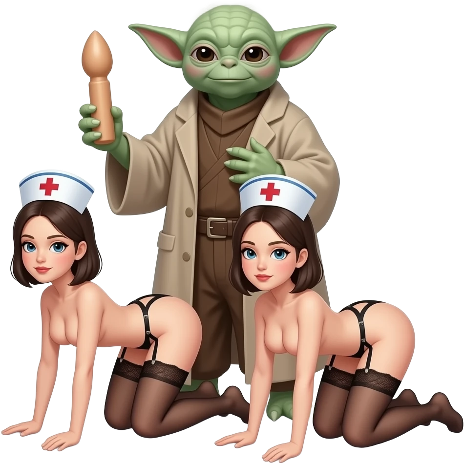 2 very thin big breasted petite nurses, both  completely naked on all fours, with  a garter belt ,standing behind her , holding a large dildo,  with 1 hand on her ass, while  a tall yoda stands behind her with his hand on her breast, fucking emoji