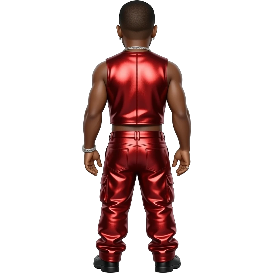 P. Diddy from behind with crimson metallic vest, crimson metallic saggy pants, shirtless with necklace and earrings emoji