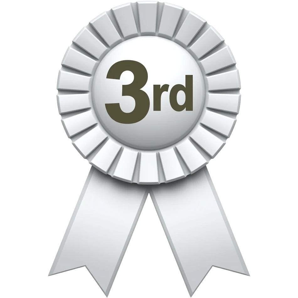 a third place ribbon that is white with smaller round top with a small 3rd in the middle of the round top emoji