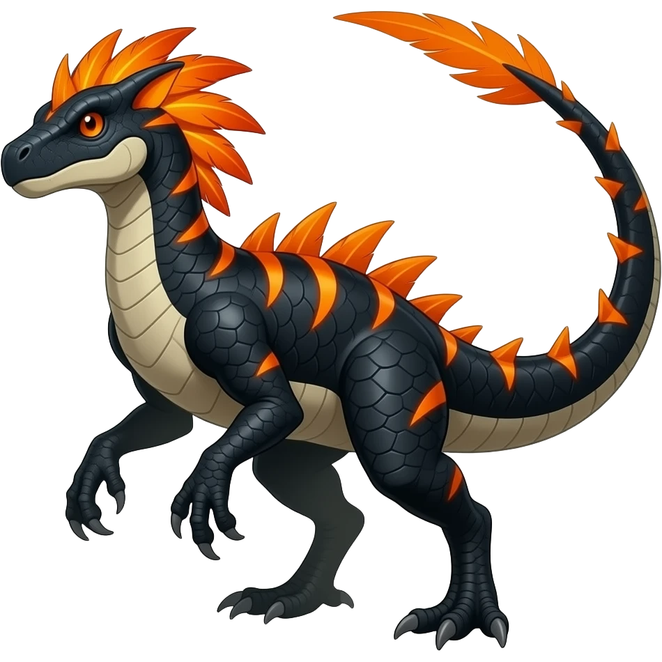 Cool edgy ancient black-scaled with neon-orange stripe markings digitigrade bipedal vintage futuristic raptorik fantasy-Cyberpunk-Steampunk-Solarpunk-Genesect-Salamence-Cyclizar-Salazzle-Feraligatr-Fakémon-animal-hybrid, with neon feather-mane, and a tail blade, back spikes, full body emoji