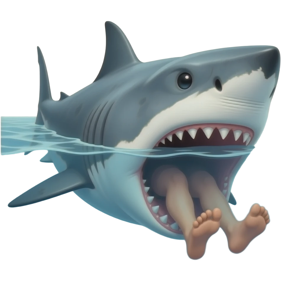 Genérame una imagen en la que abajo del agua esté un tiburón comiendo a una persona pero que solo salgan los pies por la boca del tiburón que el ángulo sea de lado emoji